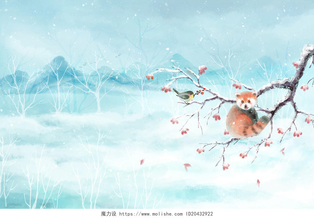 中国风水墨唯美白色雪景小熊猫红叶冬天山水风景插画海报背景素材